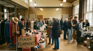 people shopping at an indoor frauenflohmarkt